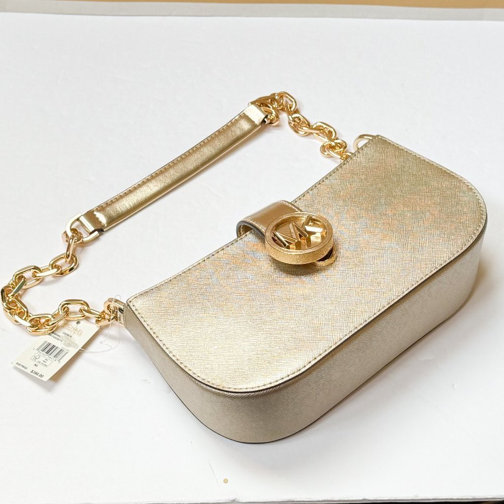 Michael Kors Carmen Small Shoulder Chain Bag + Coin ID Key Wallet Pale Gold - Picture 7 of 14